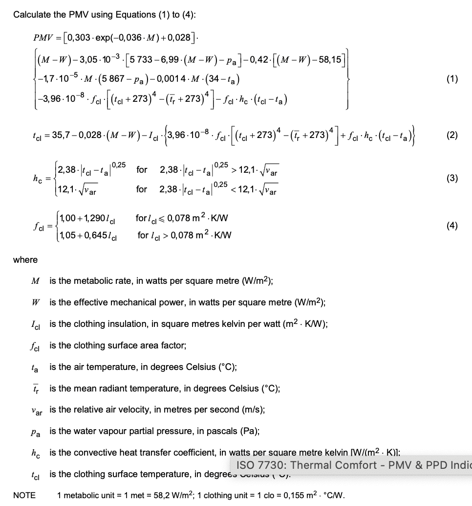 Formule voor de berekening van de PMV volgens ISO-7730:2005
